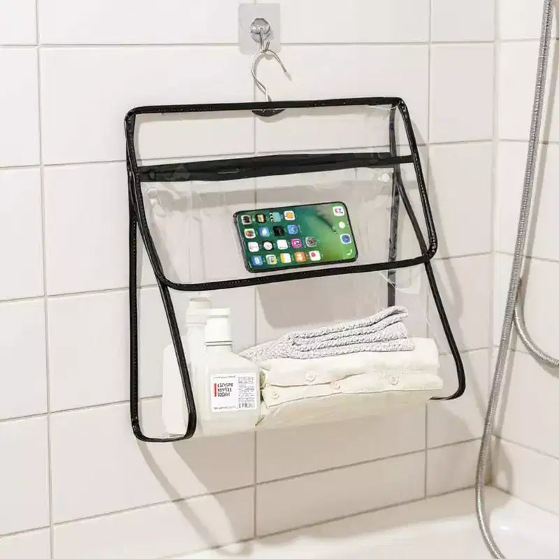 2pcs Women's Clear Hanging Shower Organizer with Touch-Friendly Phone Pocket Water-Resistant Storage Shelf - Black