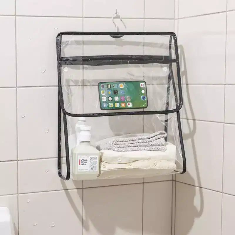 2pcs Women's Clear Hanging Shower Organizer with Touch-Friendly Phone Pocket Water-Resistant Storage Shelf - Black