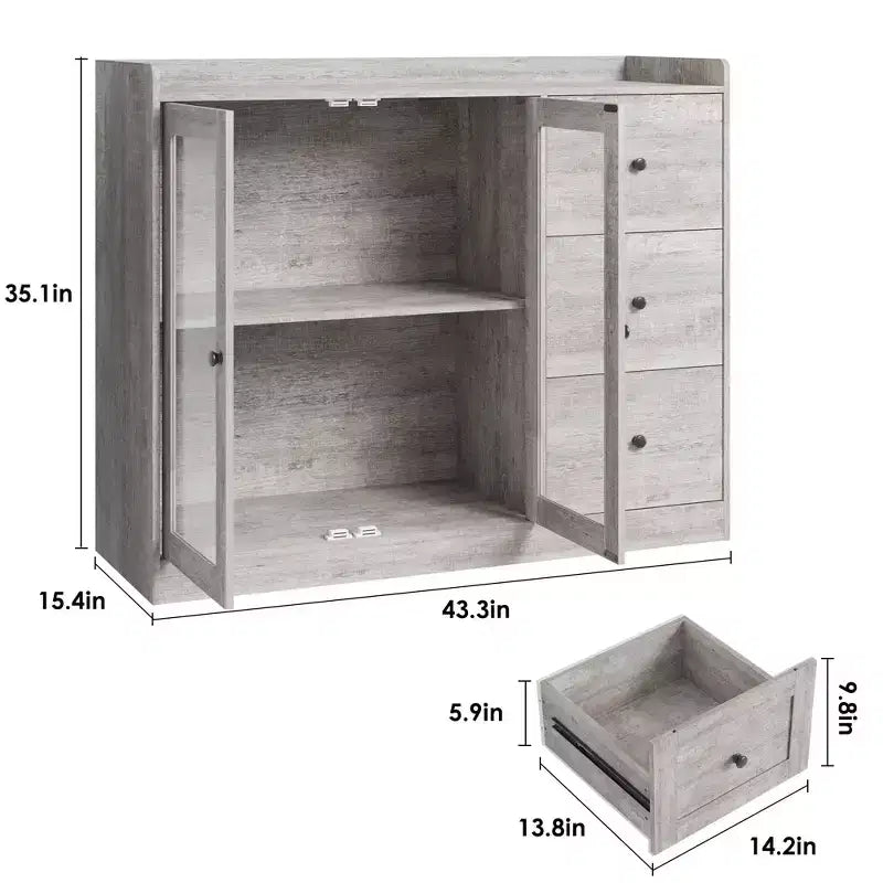 35 Kitchen Hutch Storage Cabinet, Coffee Bar Cabinet with 3 Drawers & Doors, Freestanding Buffet for Dining Living Room