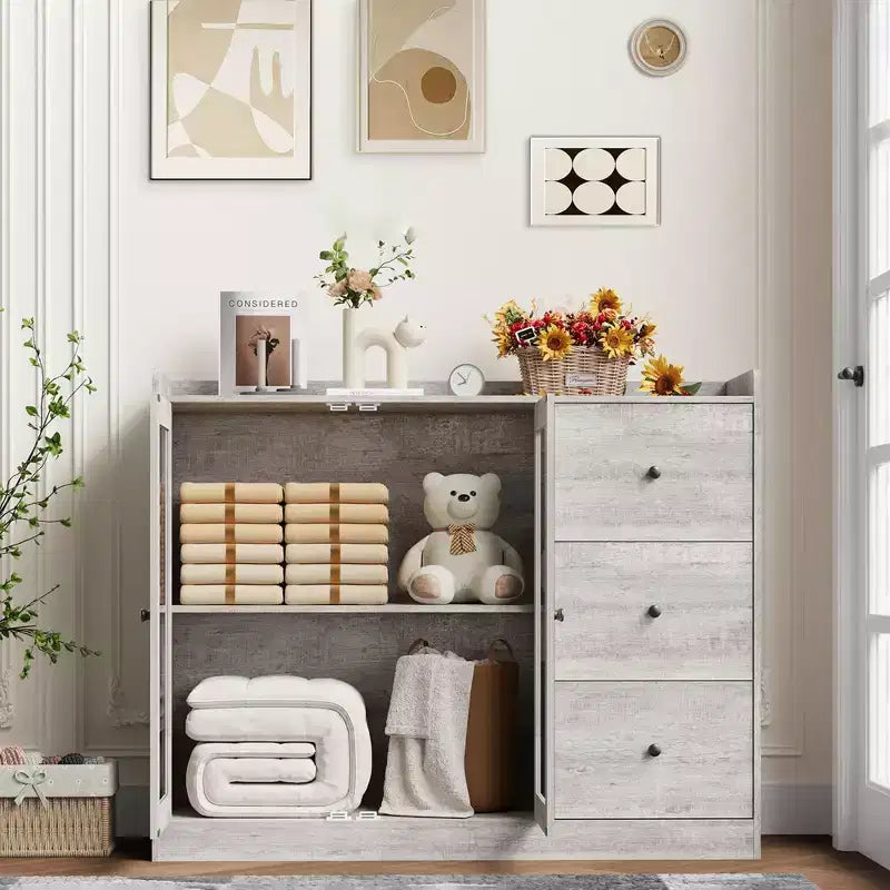 35 Kitchen Hutch Storage Cabinet, Coffee Bar Cabinet with 3 Drawers & Doors, Freestanding Buffet for Dining Living Room