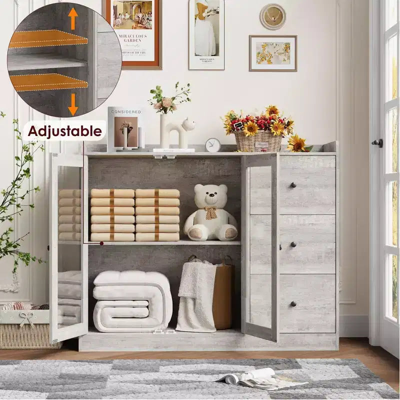 35 Kitchen Hutch Storage Cabinet, Coffee Bar Cabinet with 3 Drawers & Doors, Freestanding Buffet for Dining Living Room