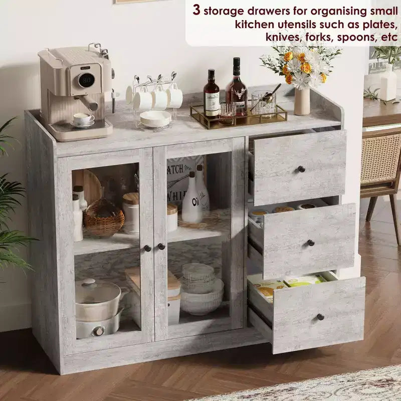 35 Kitchen Hutch Storage Cabinet, Coffee Bar Cabinet with 3 Drawers & Doors, Freestanding Buffet for Dining Living Room
