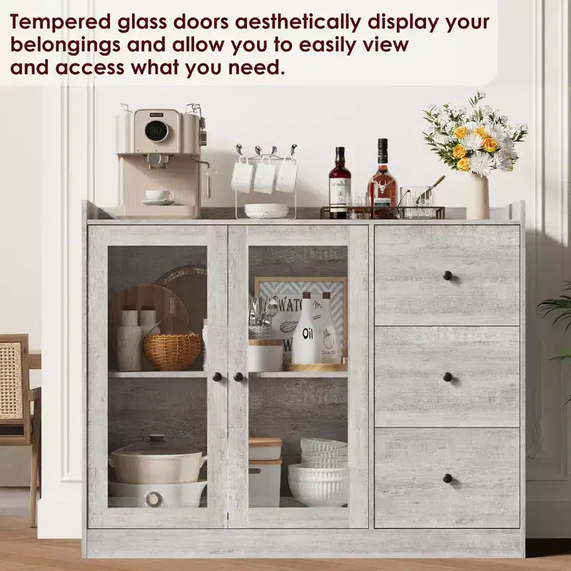 35 Kitchen Hutch Storage Cabinet, Coffee Bar Cabinet with 3 Drawers & Doors, Freestanding Buffet for Dining Living Room