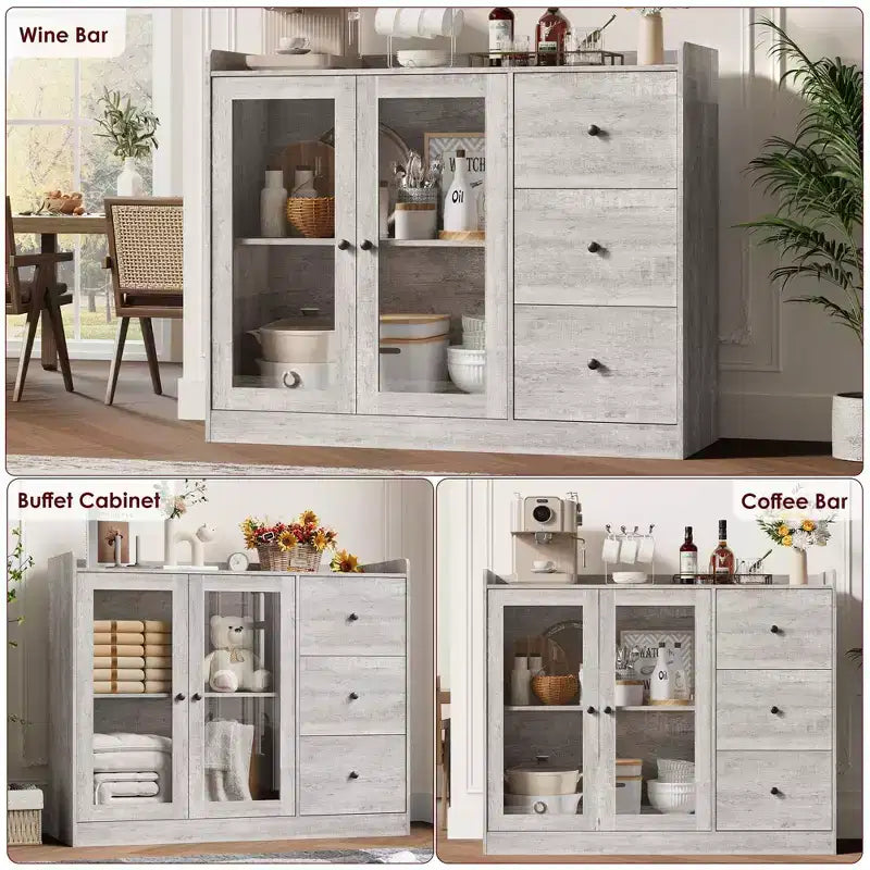 35 Kitchen Hutch Storage Cabinet, Coffee Bar Cabinet with 3 Drawers & Doors, Freestanding Buffet for Dining Living Room