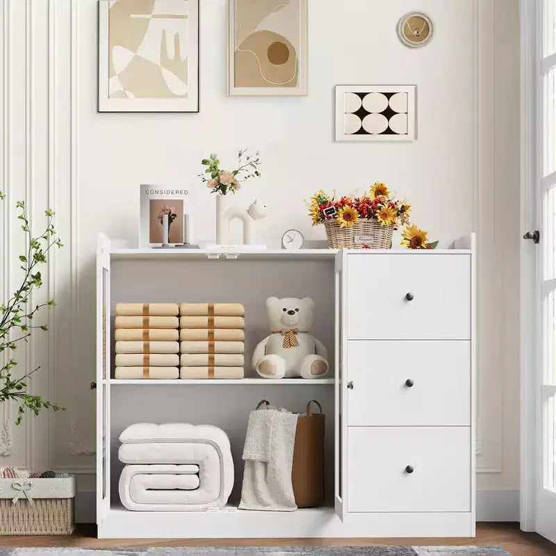 35 Kitchen Hutch Storage Cabinet, Coffee Bar Cabinet with 3 Drawers & Doors, Freestanding Buffet for Dining Living Room
