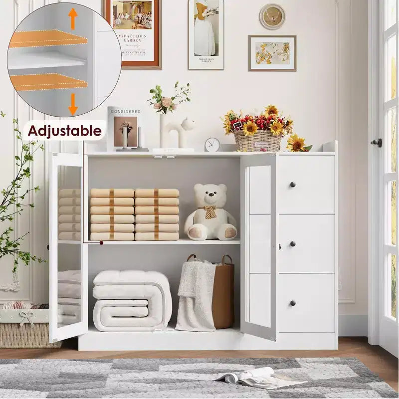 35 Kitchen Hutch Storage Cabinet, Coffee Bar Cabinet with 3 Drawers & Doors, Freestanding Buffet for Dining Living Room