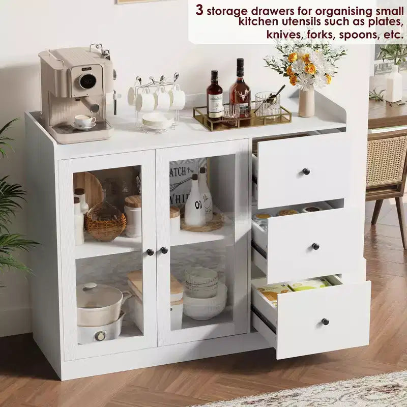 35 Kitchen Hutch Storage Cabinet, Coffee Bar Cabinet with 3 Drawers & Doors, Freestanding Buffet for Dining Living Room