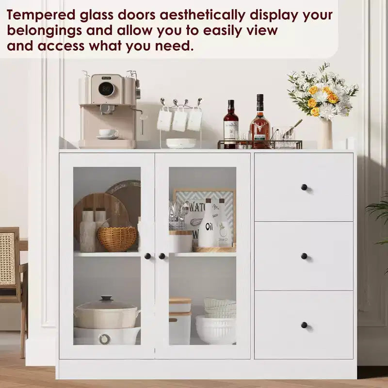 35 Kitchen Hutch Storage Cabinet, Coffee Bar Cabinet with 3 Drawers & Doors, Freestanding Buffet for Dining Living Room