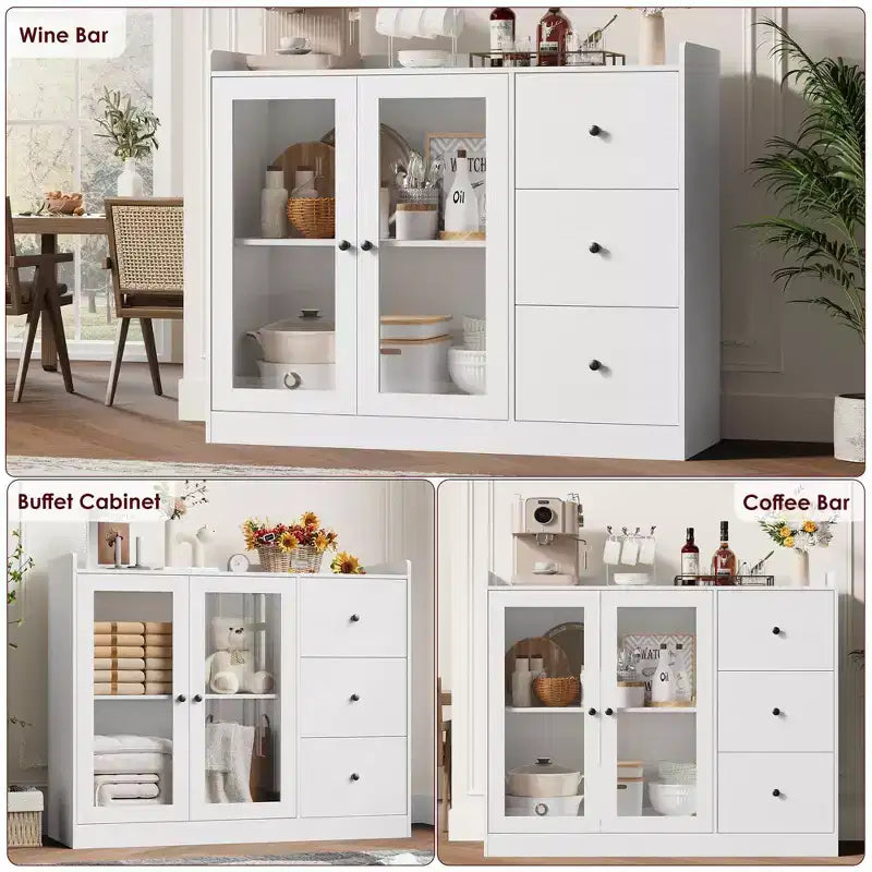 35 Kitchen Hutch Storage Cabinet, Coffee Bar Cabinet with 3 Drawers & Doors, Freestanding Buffet for Dining Living Room