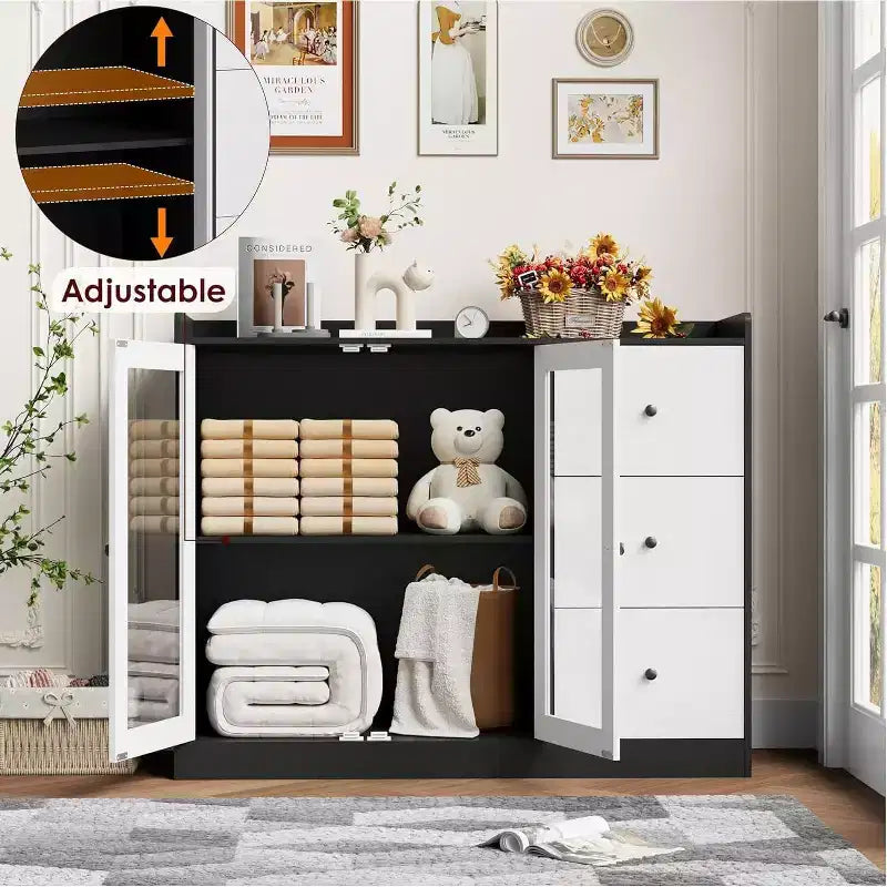35 Kitchen Hutch Storage Cabinet, Coffee Bar Cabinet with 3 Drawers & Doors, Freestanding Buffet for Dining Living Room