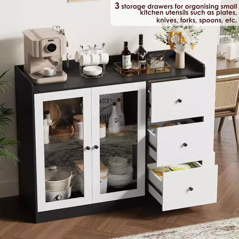 35 Kitchen Hutch Storage Cabinet, Coffee Bar Cabinet with 3 Drawers & Doors, Freestanding Buffet for Dining Living Room