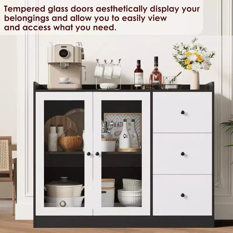 35 Kitchen Hutch Storage Cabinet, Coffee Bar Cabinet with 3 Drawers & Doors, Freestanding Buffet for Dining Living Room