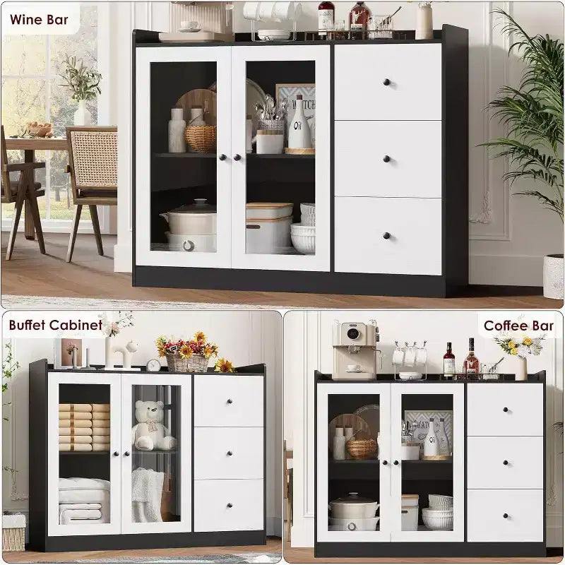 35 Kitchen Hutch Storage Cabinet, Coffee Bar Cabinet with 3 Drawers & Doors, Freestanding Buffet for Dining Living Room