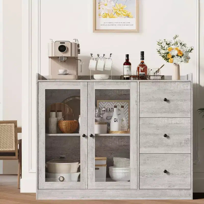 35 Kitchen Hutch Storage Cabinet, Coffee Bar Cabinet with 3 Drawers & Doors, Freestanding Buffet for Dining Living Room