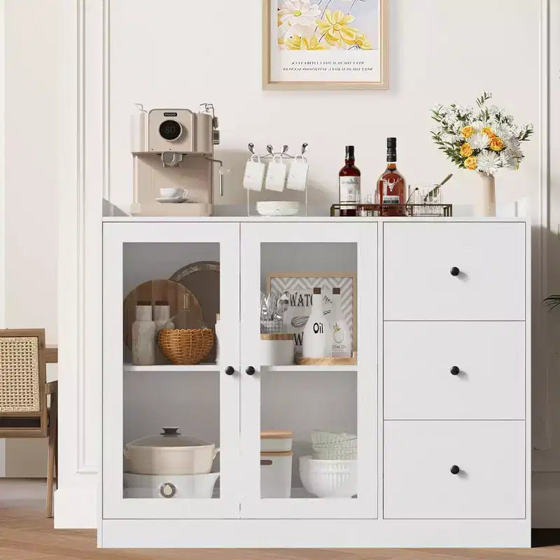 35 Kitchen Hutch Storage Cabinet, Coffee Bar Cabinet with 3 Drawers & Doors, Freestanding Buffet for Dining Living Room