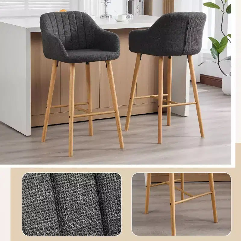 Modern Solid Wood Bar Stools Set of 2,Kitchen Island Tall Chairs with Armrest & Footrest,Soft Linen Fabric Counter Height Bar Stools