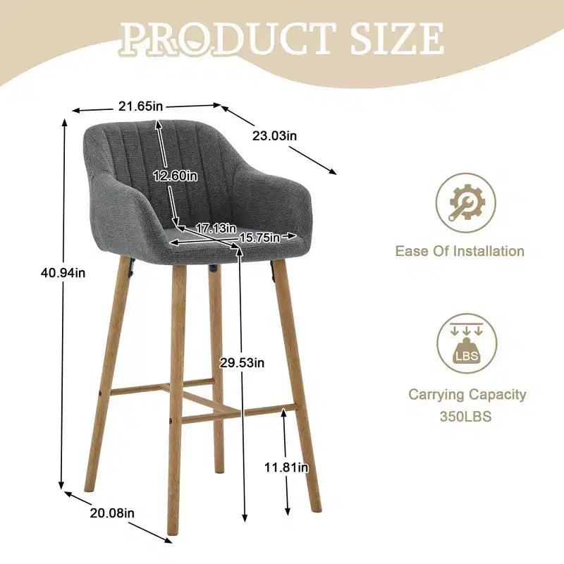Modern Solid Wood Bar Stools Set of 2,Kitchen Island Tall Chairs with Armrest & Footrest,Soft Linen Fabric Counter Height Bar Stools