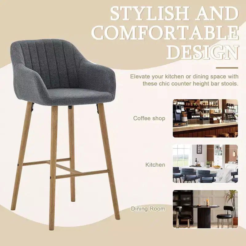 Modern Solid Wood Bar Stools Set of 2,Kitchen Island Tall Chairs with Armrest & Footrest,Soft Linen Fabric Counter Height Bar Stools