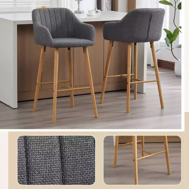Modern Solid Wood Bar Stools Set of 2,Kitchen Island Tall Chairs with Armrest & Footrest,Soft Linen Fabric Counter Height Bar Stools