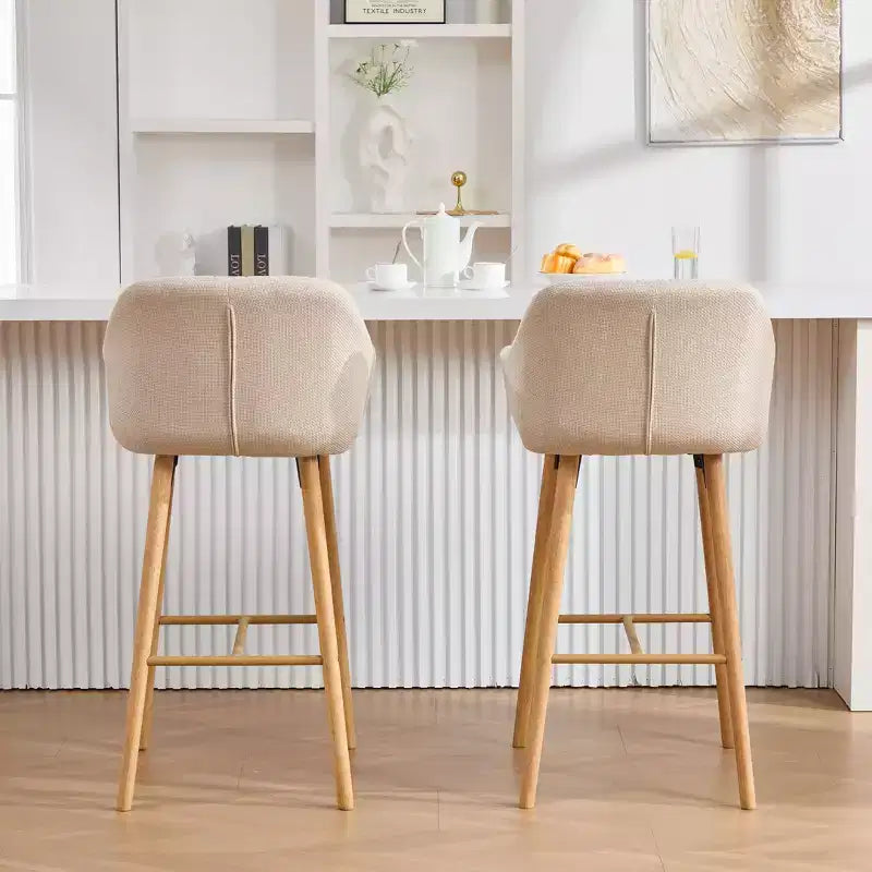 Modern Solid Wood Bar Stools Set of 2,Kitchen Island Tall Chairs with Armrest & Footrest,Soft Linen Fabric Counter Height Bar Stools