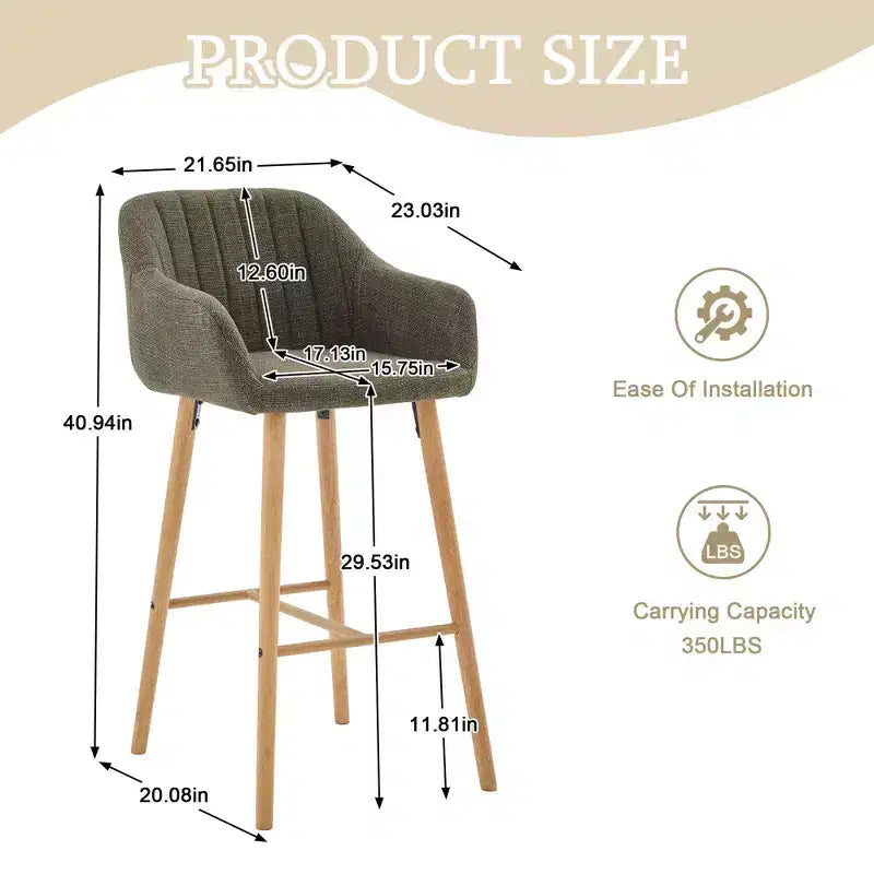 Modern Solid Wood Bar Stools Set of 2,Kitchen Island Tall Chairs with Armrest & Footrest,Soft Linen Fabric Counter Height Bar Stools