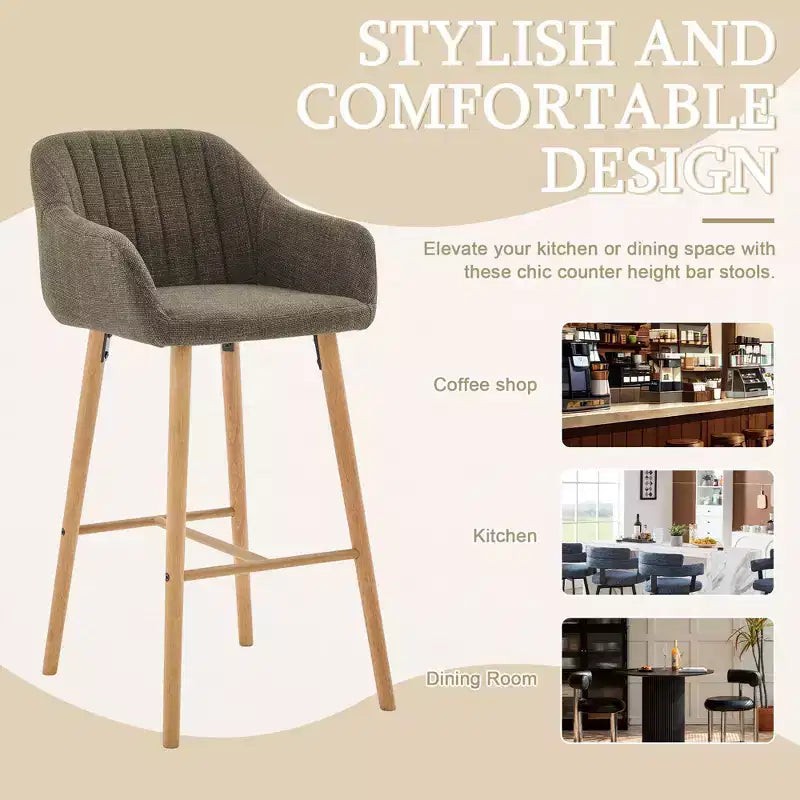 Modern Solid Wood Bar Stools Set of 2,Kitchen Island Tall Chairs with Armrest & Footrest,Soft Linen Fabric Counter Height Bar Stools