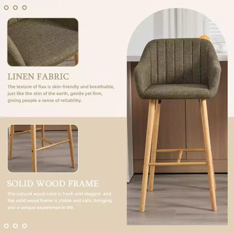 Modern Solid Wood Bar Stools Set of 2,Kitchen Island Tall Chairs with Armrest & Footrest,Soft Linen Fabric Counter Height Bar Stools