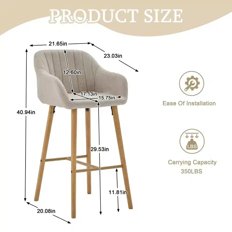 Modern Solid Wood Bar Stools Set of 2,Kitchen Island Tall Chairs with Armrest & Footrest,Soft Linen Fabric Counter Height Bar Stools