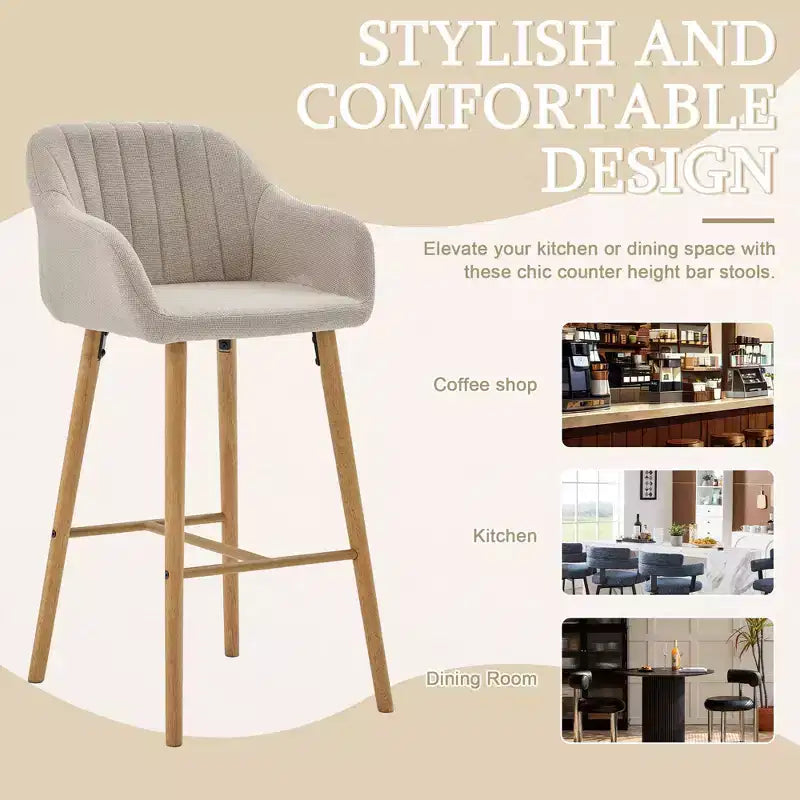 Modern Solid Wood Bar Stools Set of 2,Kitchen Island Tall Chairs with Armrest & Footrest,Soft Linen Fabric Counter Height Bar Stools