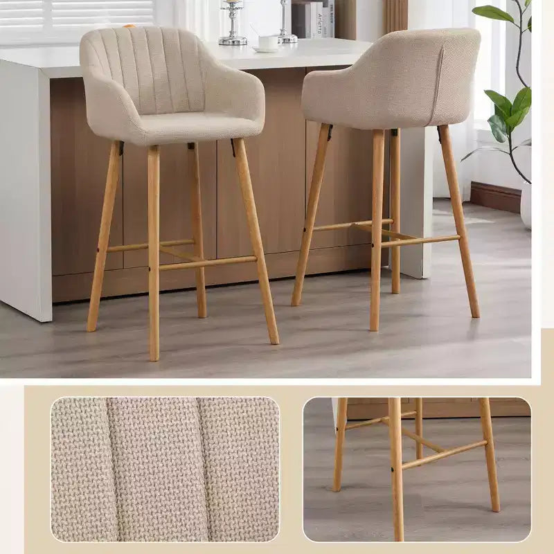Modern Solid Wood Bar Stools Set of 2,Kitchen Island Tall Chairs with Armrest & Footrest,Soft Linen Fabric Counter Height Bar Stools