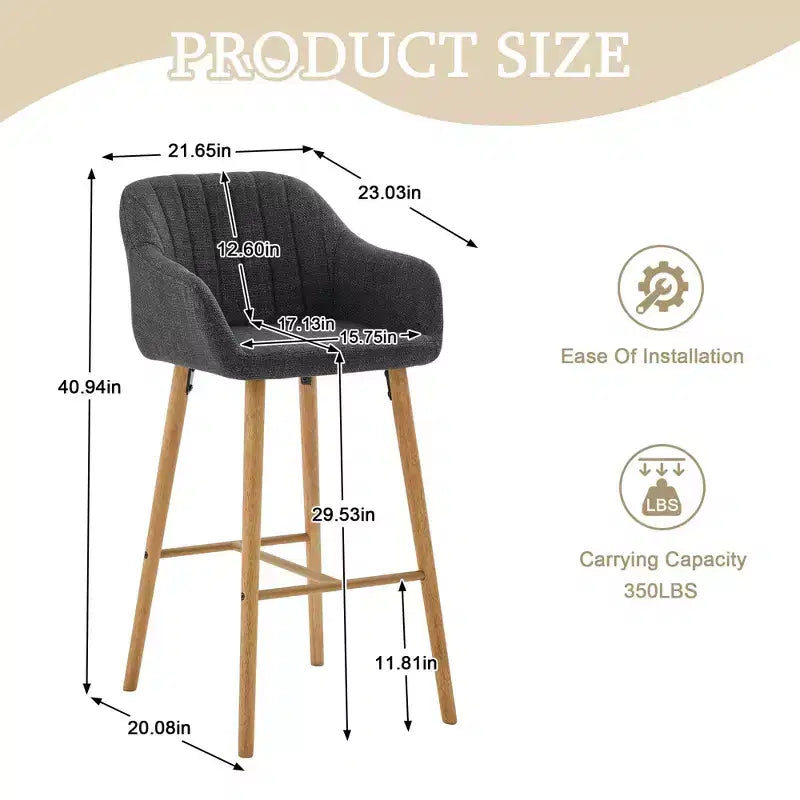 Modern Solid Wood Bar Stools Set of 2,Kitchen Island Tall Chairs with Armrest & Footrest,Soft Linen Fabric Counter Height Bar Stools