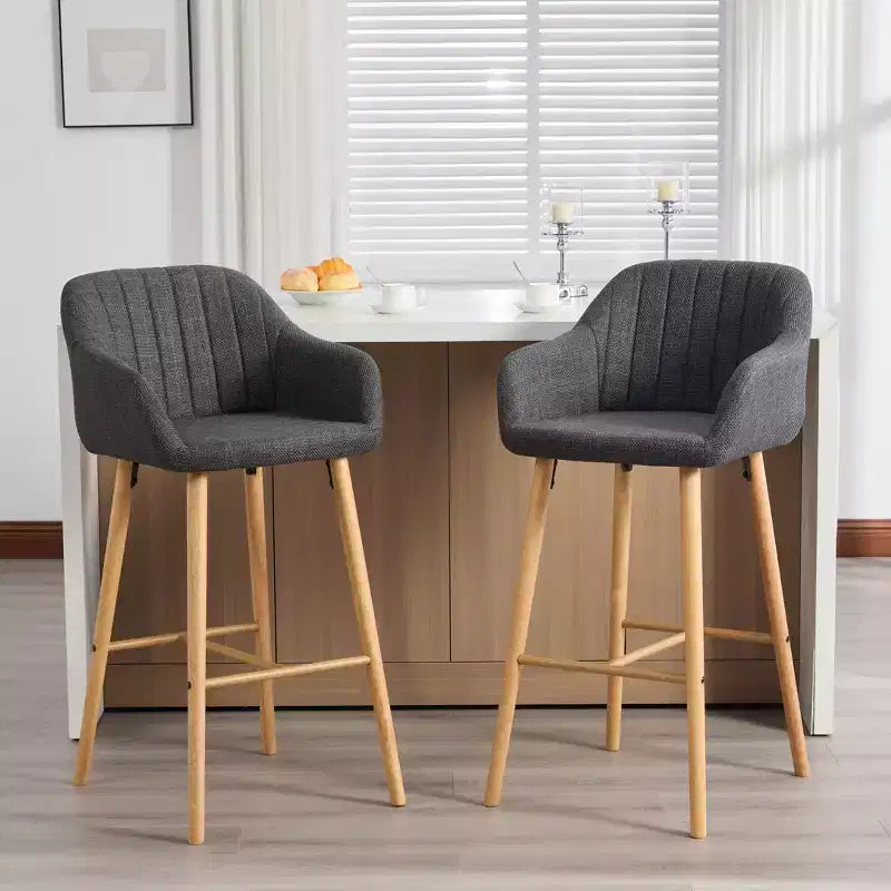 Modern Solid Wood Bar Stools Set of 2,Kitchen Island Tall Chairs with Armrest & Footrest,Soft Linen Fabric Counter Height Bar Stools