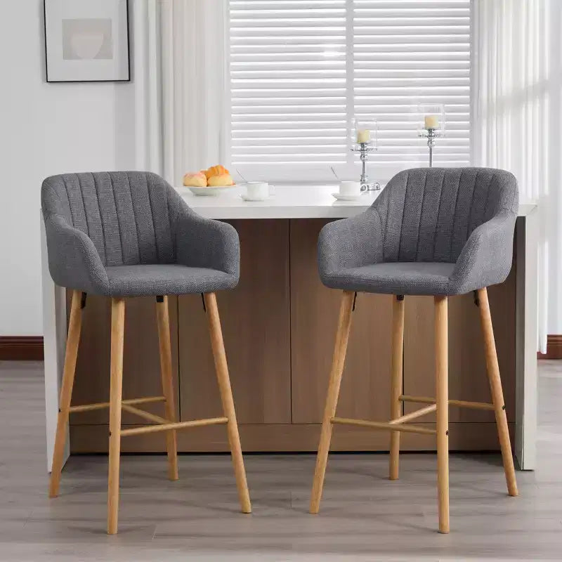 Modern Solid Wood Bar Stools Set of 2,Kitchen Island Tall Chairs with Armrest & Footrest,Soft Linen Fabric Counter Height Bar Stools