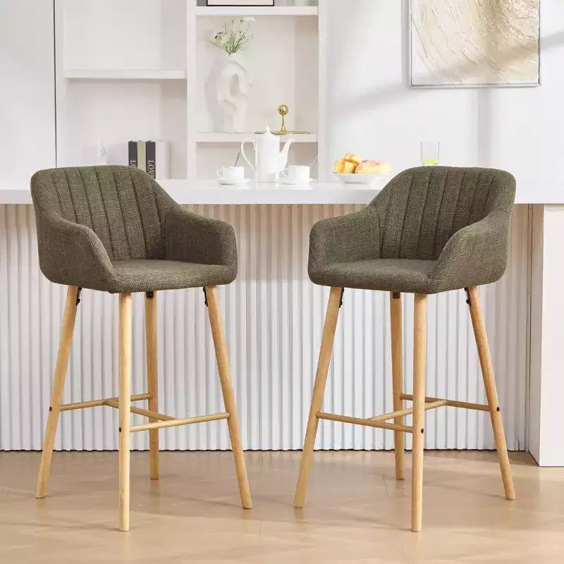Modern Solid Wood Bar Stools Set of 2,Kitchen Island Tall Chairs with Armrest & Footrest,Soft Linen Fabric Counter Height Bar Stools