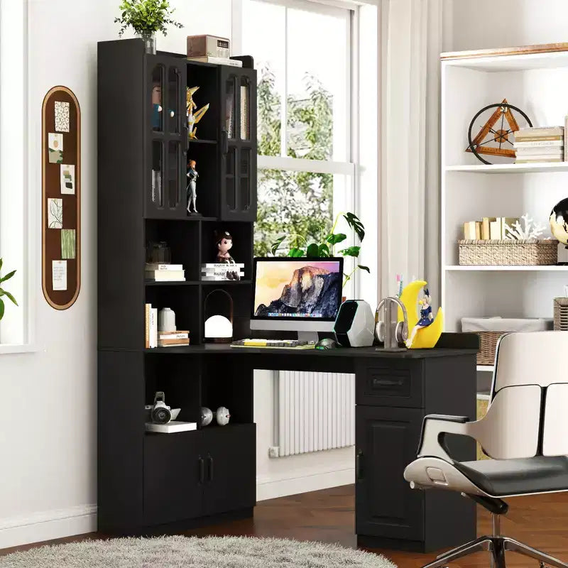 L Shaped Desk with Hutch, Corner Desk with Hutch and Drawers, Modern Computer Desk for Home Office Study Room, 2-in-1 Writing Study Table