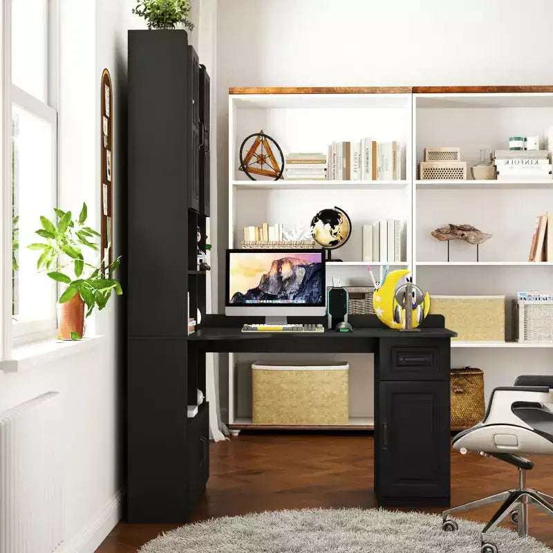 L Shaped Desk with Hutch, Corner Desk with Hutch and Drawers, Modern Computer Desk for Home Office Study Room, 2-in-1 Writing Study Table